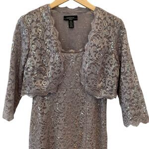 EUC R&M Richards Gray Silver Sequin Lined Lace 2 Piece Dress Jacket Set Size 10P
